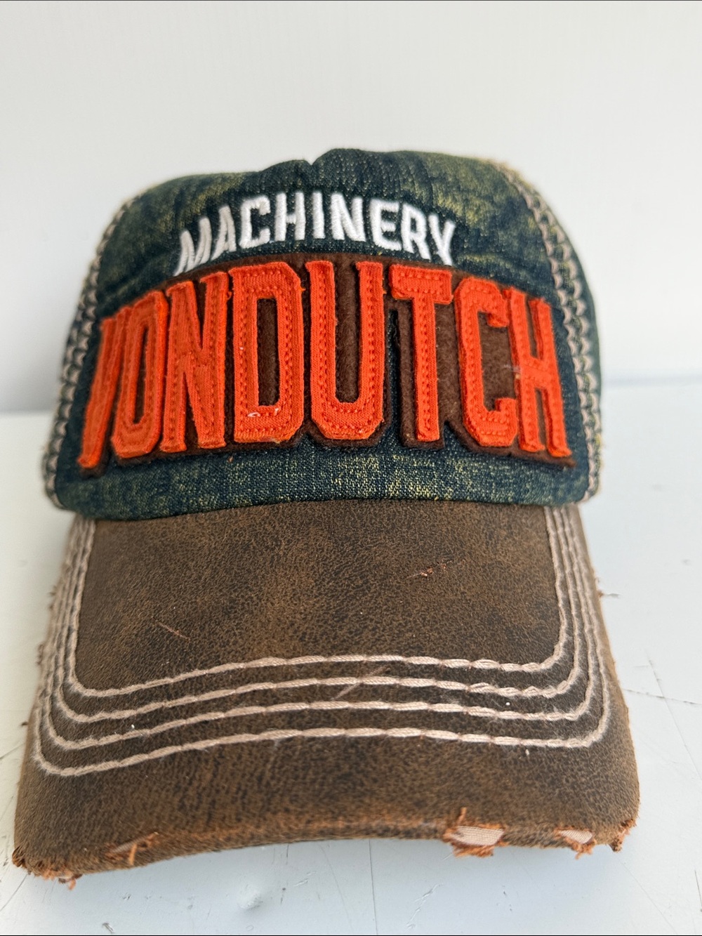VINTAGE MACHINERY VON DUTCH DISTRESSED HAT CAP STRAP BACK DENIM BROWN ORANGE